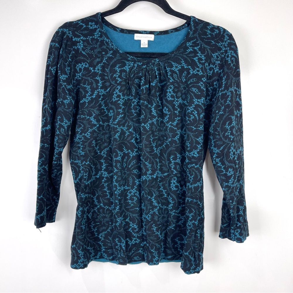 Charter Club Paisley Floral Knit Top Size Medium Blue 3/4 Sleeve Stretch Blouse